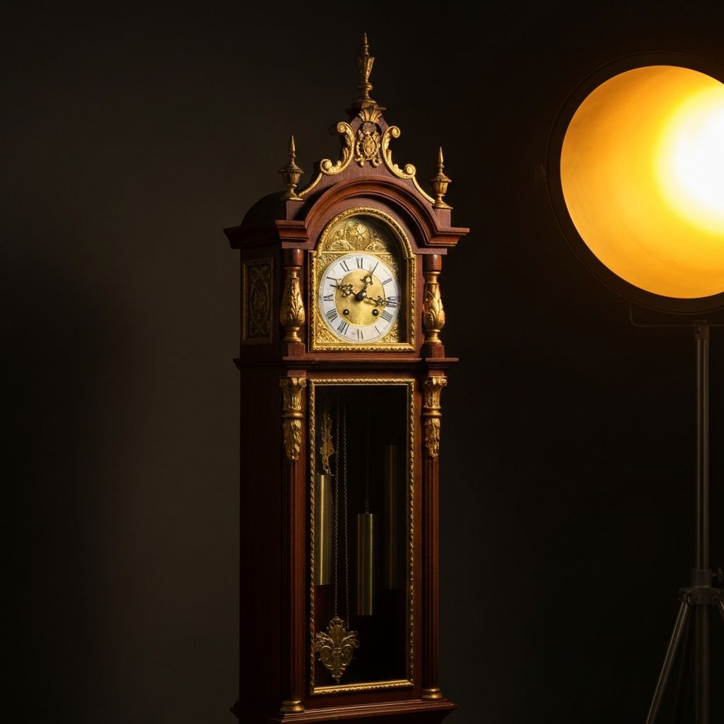 Antique grandfather clock with intricate wood carvings