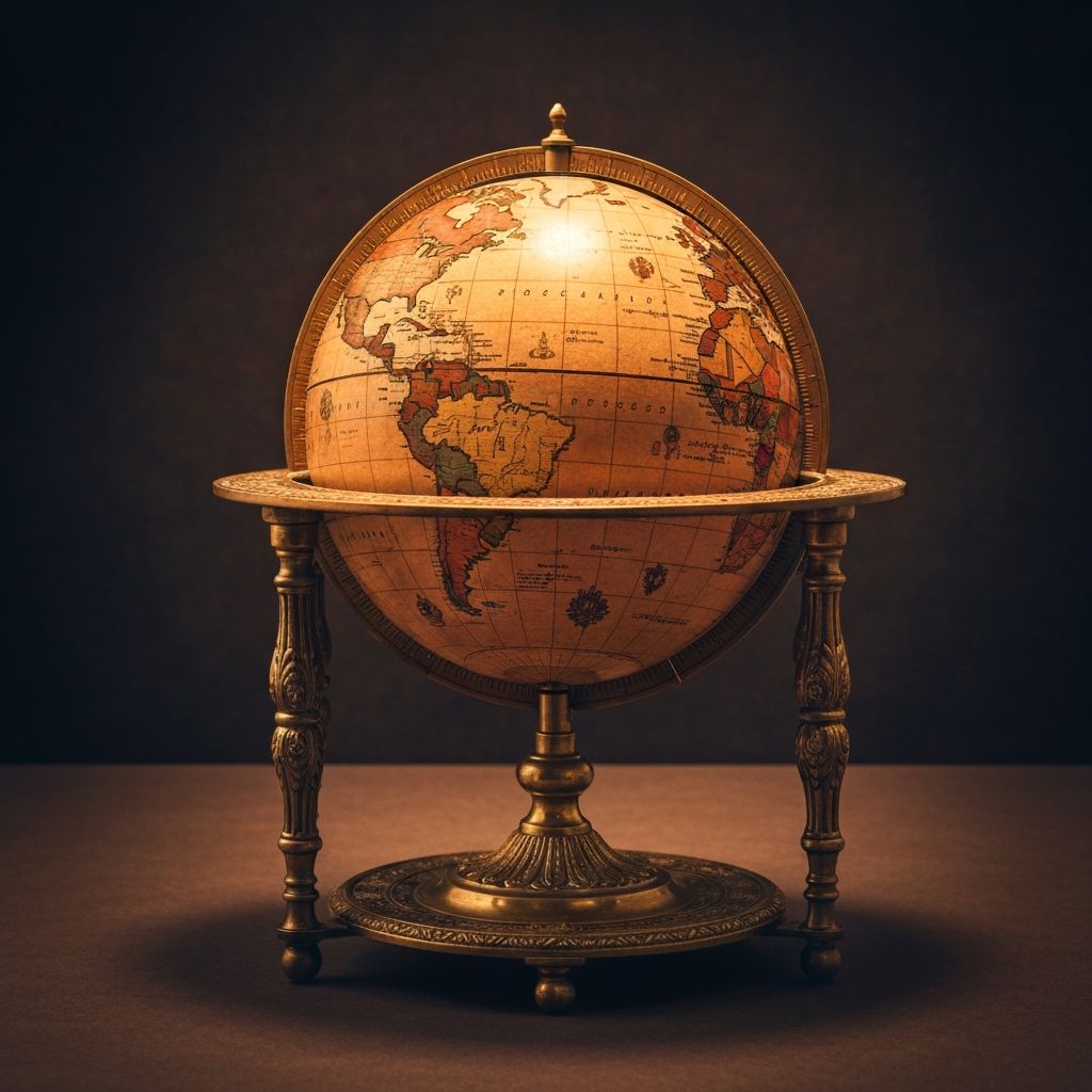 Antique wooden globe on brass stand