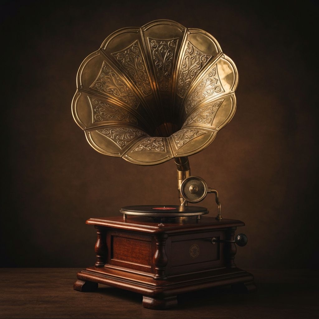 Vintage gramophone with brass horn