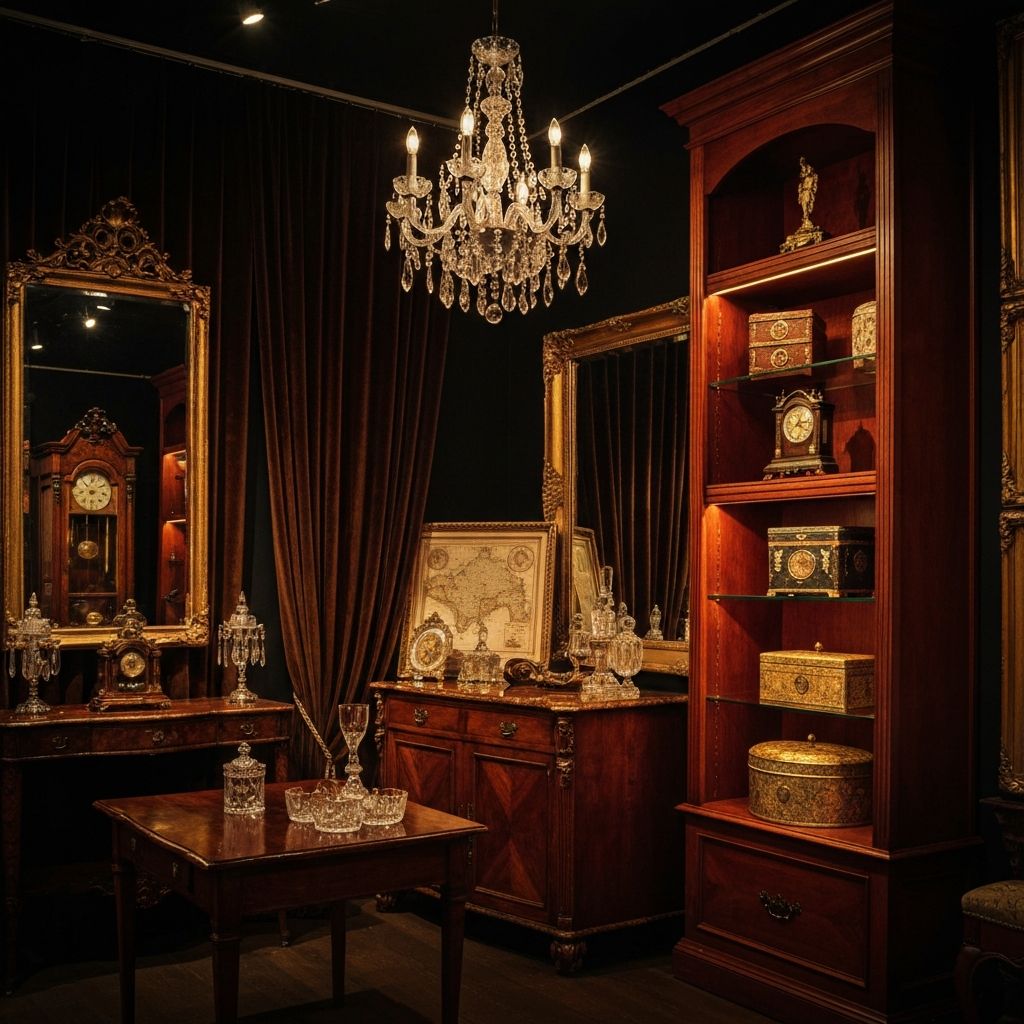 Luxurious antique showroom with curated vintage furniture and golden lighting